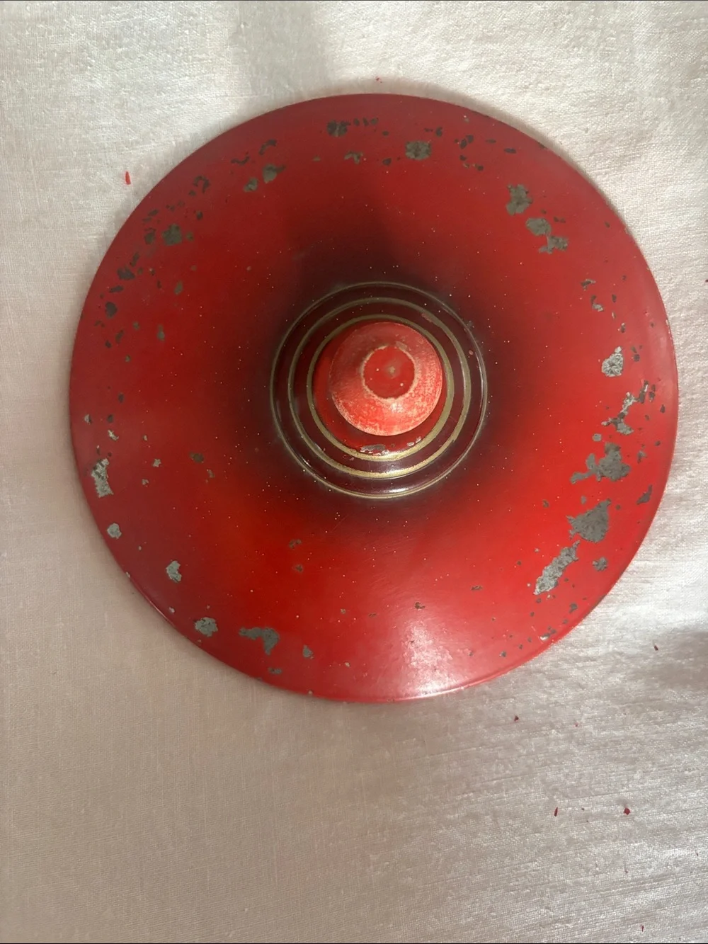 Vintage Tin red orange 1950’s 3 piece wood knob thread round metal Sewing box